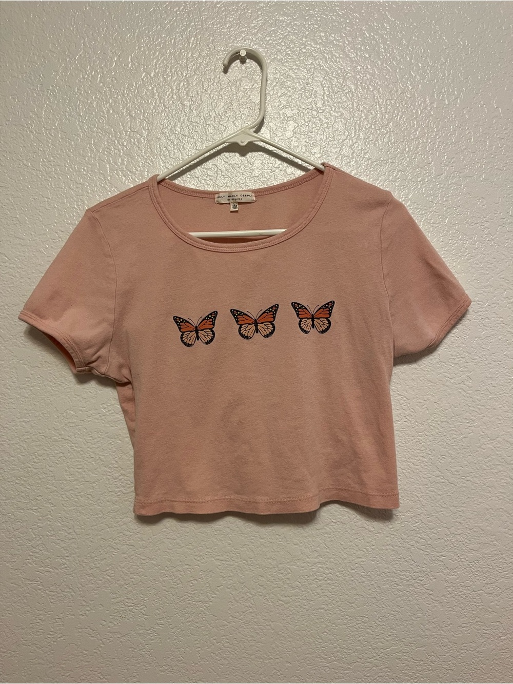 Truly Madly Deeply Light Pink Butterfly Cropped T-Shirt